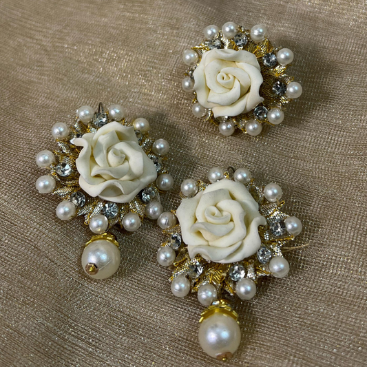 Elegant Rose and Pearl Earrings Set